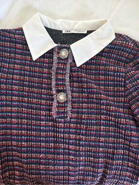 Zara White-Collar Tweed Knit Top with Pink & Blue Details
